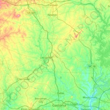 Mapa topográfico Lincoln County, altitud, relieve