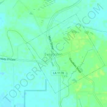 Mapa topográfico Evergreen, altitud, relieve