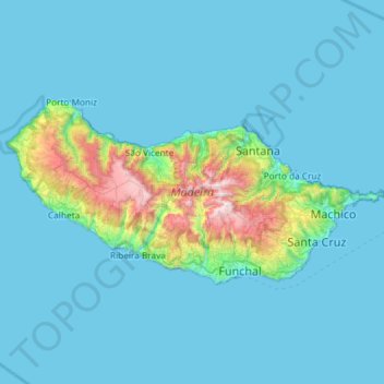 Mapa topográfico Madeira Island, altitud, relieve