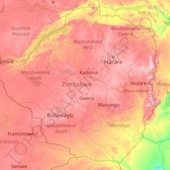 Mapa topográfico Zimbabue, altitud, relieve
