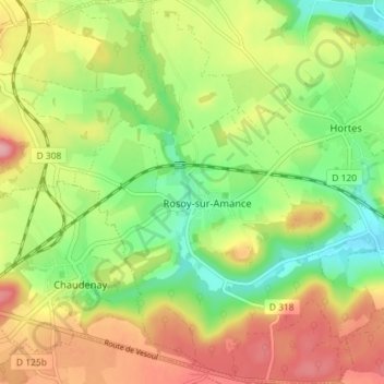 Mapa topográfico Rosoy-sur-Amance, altitud, relieve