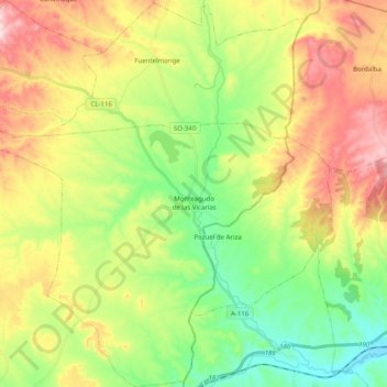 Mapa topográfico Monteagudo de las Vicarías, altitud, relieve