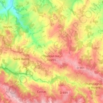 Mapa topográfico Oradour-sur-Vayres, altitud, relieve