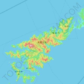 Mapa topográfico Amami-Ōshima, altitud, relieve