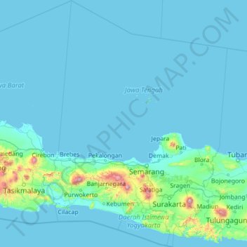 Mapa topográfico Java Central, altitud, relieve