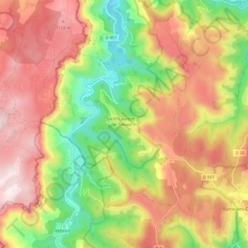 Mapa topográfico Saint-Laurent-de-Trèves, altitud, relieve