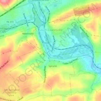 Mapa topográfico South Coatesville, altitud, relieve