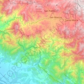 Mapa topográfico Cantón de Tarrazú, altitud, relieve