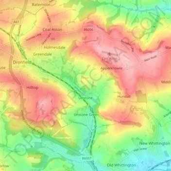 Mapa topográfico Unstone, altitud, relieve