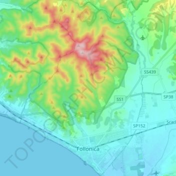 Mapa topográfico Follonica, altitud, relieve