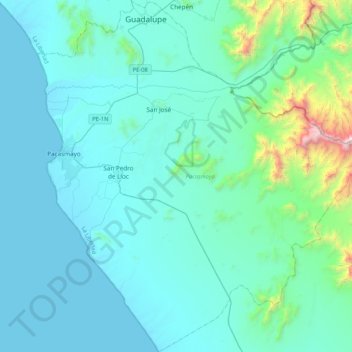 Mapa topográfico Pacasmayo, altitud, relieve