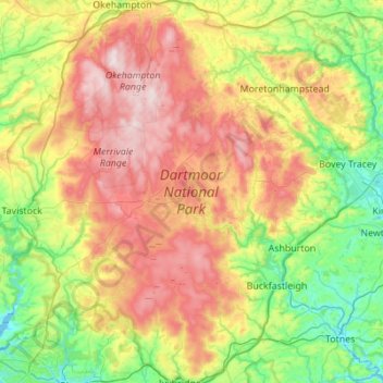 Mapa topográfico Dartmoor, altitud, relieve