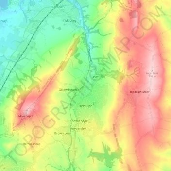 Mapa topográfico Biddulph, altitud, relieve