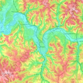 Mapa topográfico Cahors, altitud, relieve