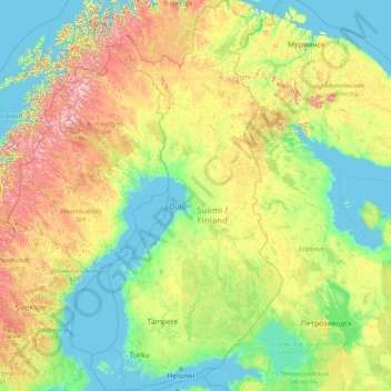 Mapa topográfico Finlandia, altitud, relieve