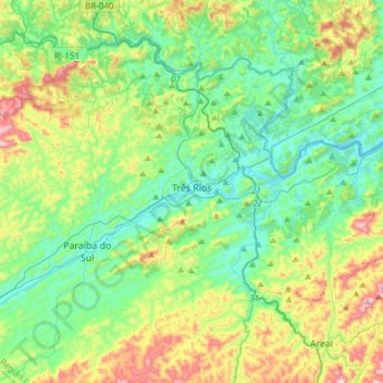 Mapa topográfico Três Rios, altitud, relieve