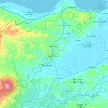 Mapa topográfico Tarímbaro, altitud, relieve