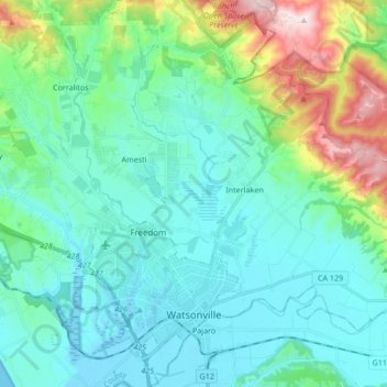 Mapa topográfico Watsonville, altitud, relieve