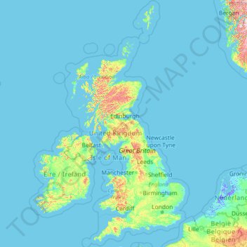 Mapa topográfico Vereinigtes Königreich, altitud, relieve