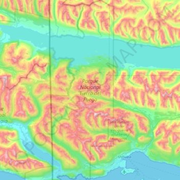Mapa topográfico Parque Nacional Tierra del Fuego, altitud, relieve