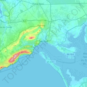 Mapa topográfico Setúbal, altitud, relieve
