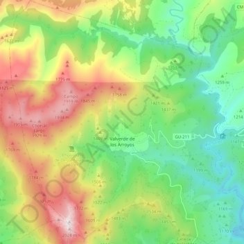 Mapa topográfico Valverde de los Arroyos, altitud, relieve