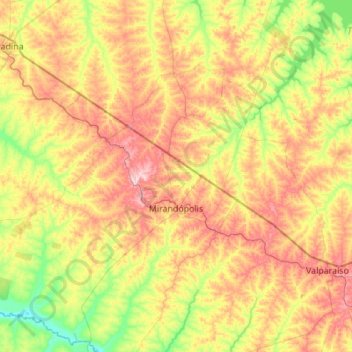 Mapa topográfico Mirandópolis, altitud, relieve