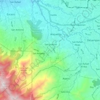 Mapa topográfico Cantón de Alajuelita, altitud, relieve