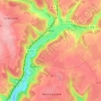 Mapa topográfico Clères, altitud, relieve