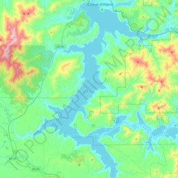 Mapa topográfico Lake Coeur d'Alene, altitud, relieve