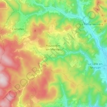 Mapa topográfico Roussillon-en-Morvan, altitud, relieve