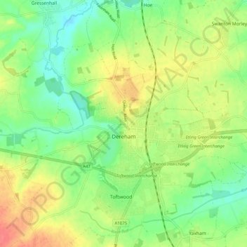 Mapa topográfico Dereham, altitud, relieve