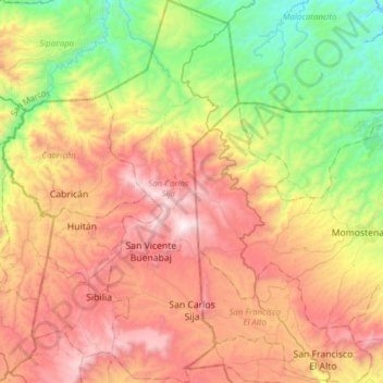 Mapa topográfico San Carlos Sija, altitud, relieve