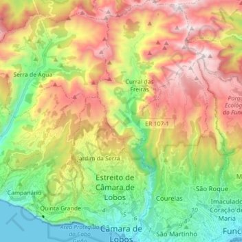 Mapa topográfico Câmara de Lobos, altitud, relieve
