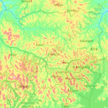 Mapa topográfico Wakiso, altitud, relieve