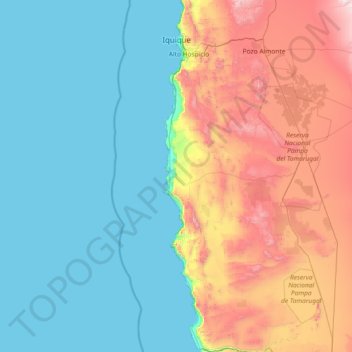 Mapa topográfico Iquique, altitud, relieve