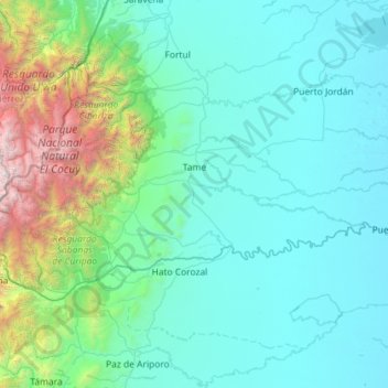 Mapa topográfico Tame, altitud, relieve