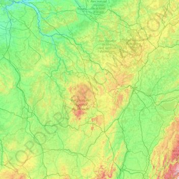 Mapa topográfico Burgundy, altitud, relieve
