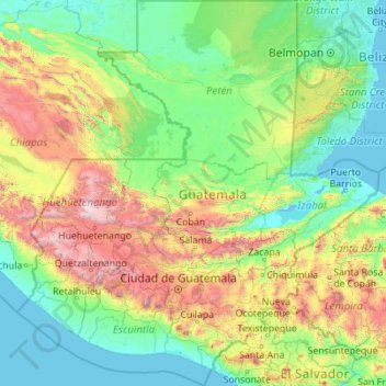 Mapa topográfico Guatemala, altitud, relieve