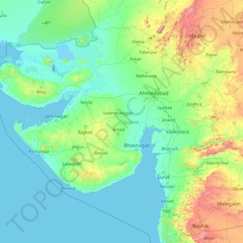 Mapa topográfico Gujarat, altitud, relieve