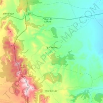 Mapa topográfico Ojos Negros, altitud, relieve