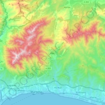 Mapa topográfico Ojén, altitud, relieve