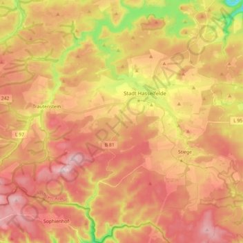 Mapa topográfico Hasselfelde, altitud, relieve