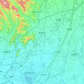 Mapa topográfico Tochigi, altitud, relieve