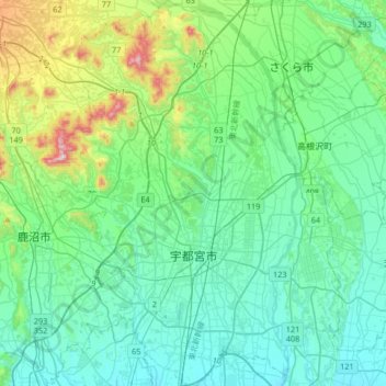 Mapa topográfico Utsunomiya, altitud, relieve