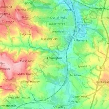 Mapa topográfico Eckington, altitud, relieve