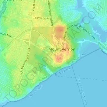 Mapa topográfico George Washington's Mount Vernon, altitud, relieve