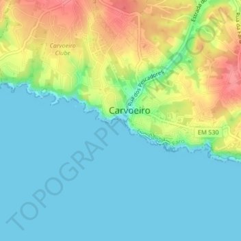 Mapa topográfico Praia do Carvoeiro, altitud, relieve