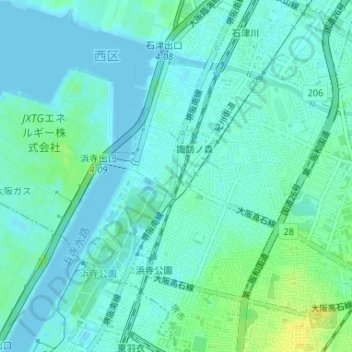 Mapa topográfico 浜寺船尾町西はまなす広場, altitud, relieve