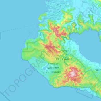 Mapa topográfico Península de Osa, altitud, relieve